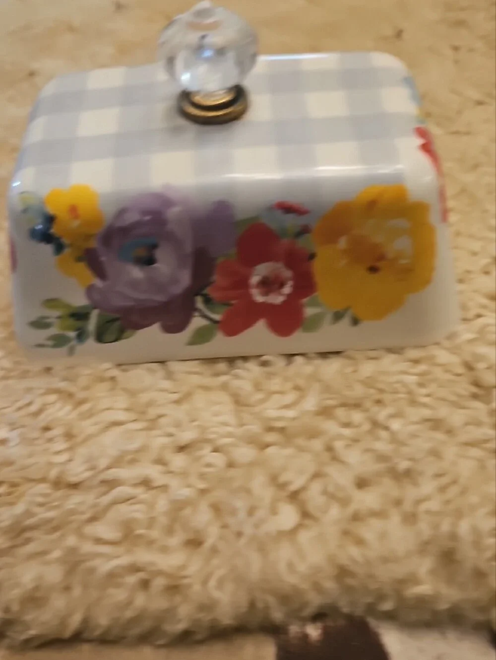 The Pioneer Woman Light Blue Floral Ceramic Butter Dish with Clear Glass Knob
